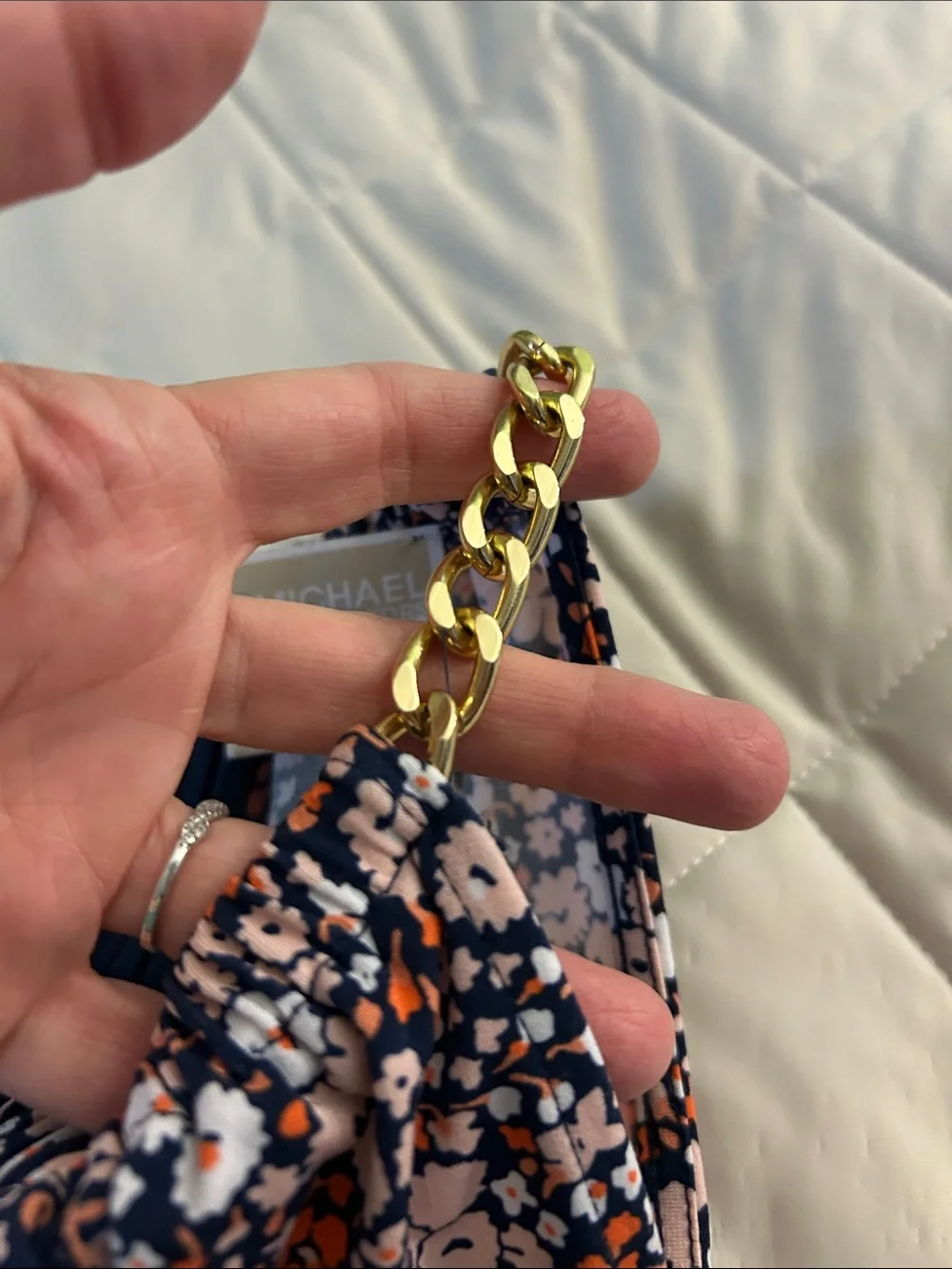 Michael Kors Navy Halter A-Line Dress with Orange and White Floral Print